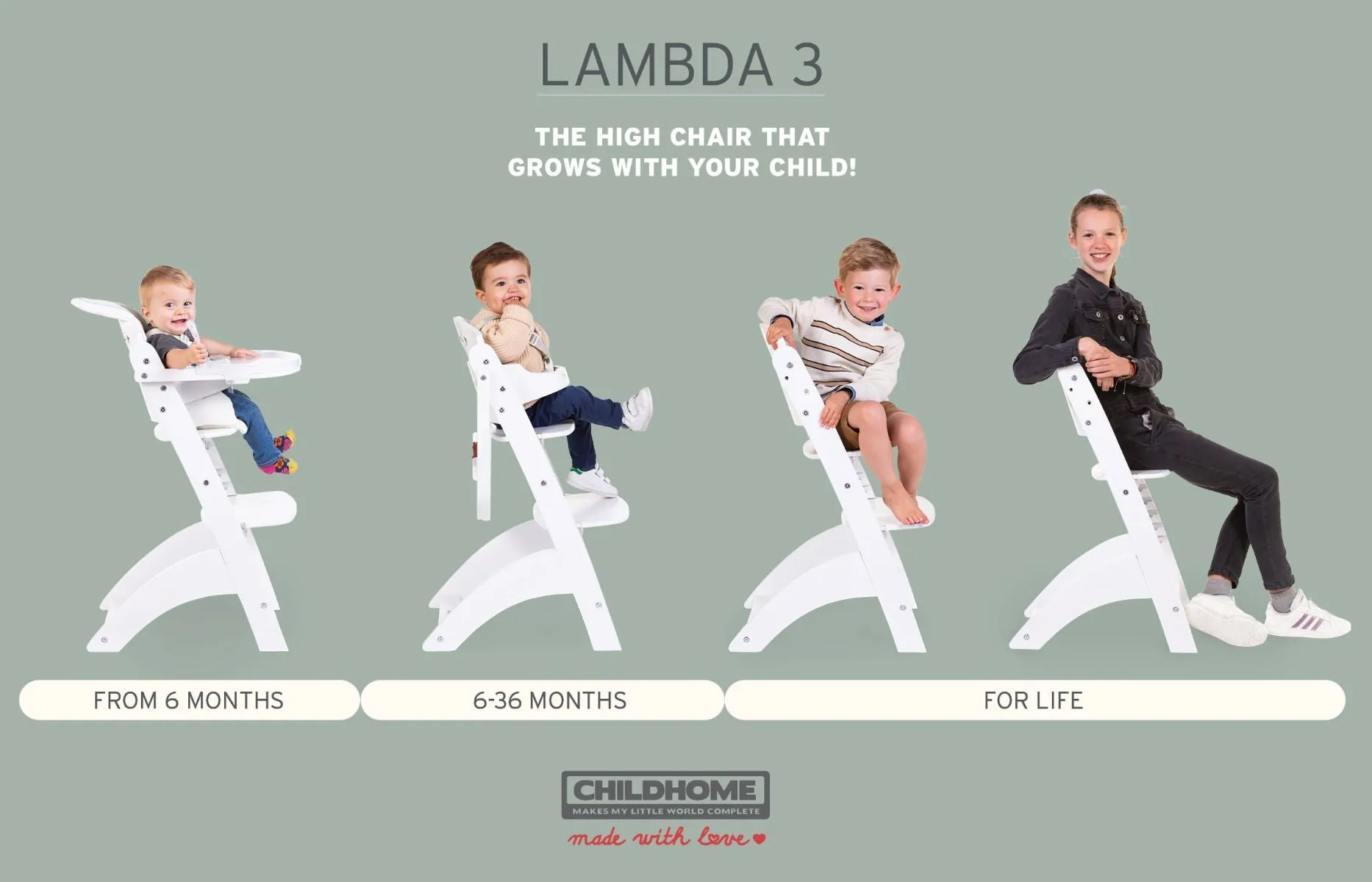[1 yr local warranty] Childhome Lambda 3 Baby High Chair   Feeding Tray - White