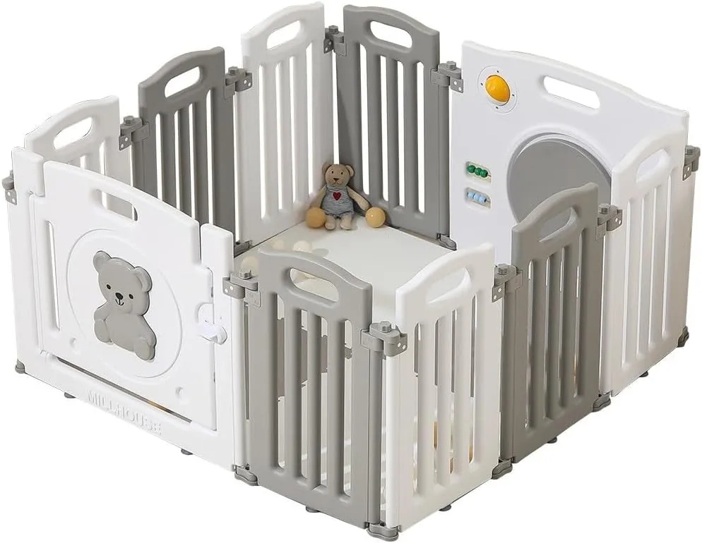 10 Panel Foldable & Modular Baby Playpen | Ball Pool | Grey and White | Optional Foam Mats
