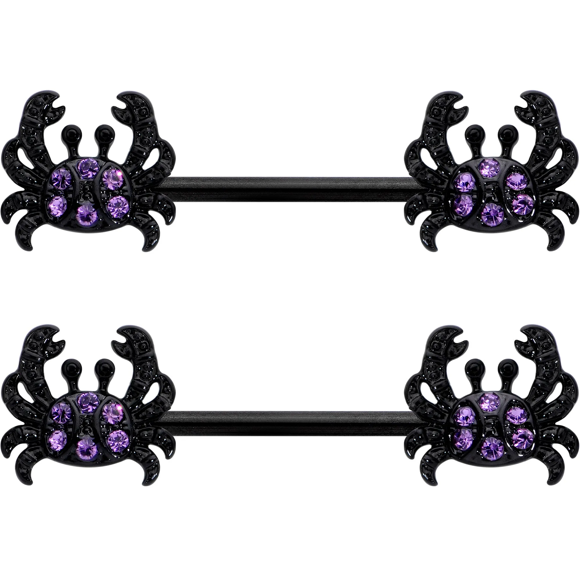 14 Gauge 9/16 Purple Gem Black Chic Crab Barbell Nipple Ring Set