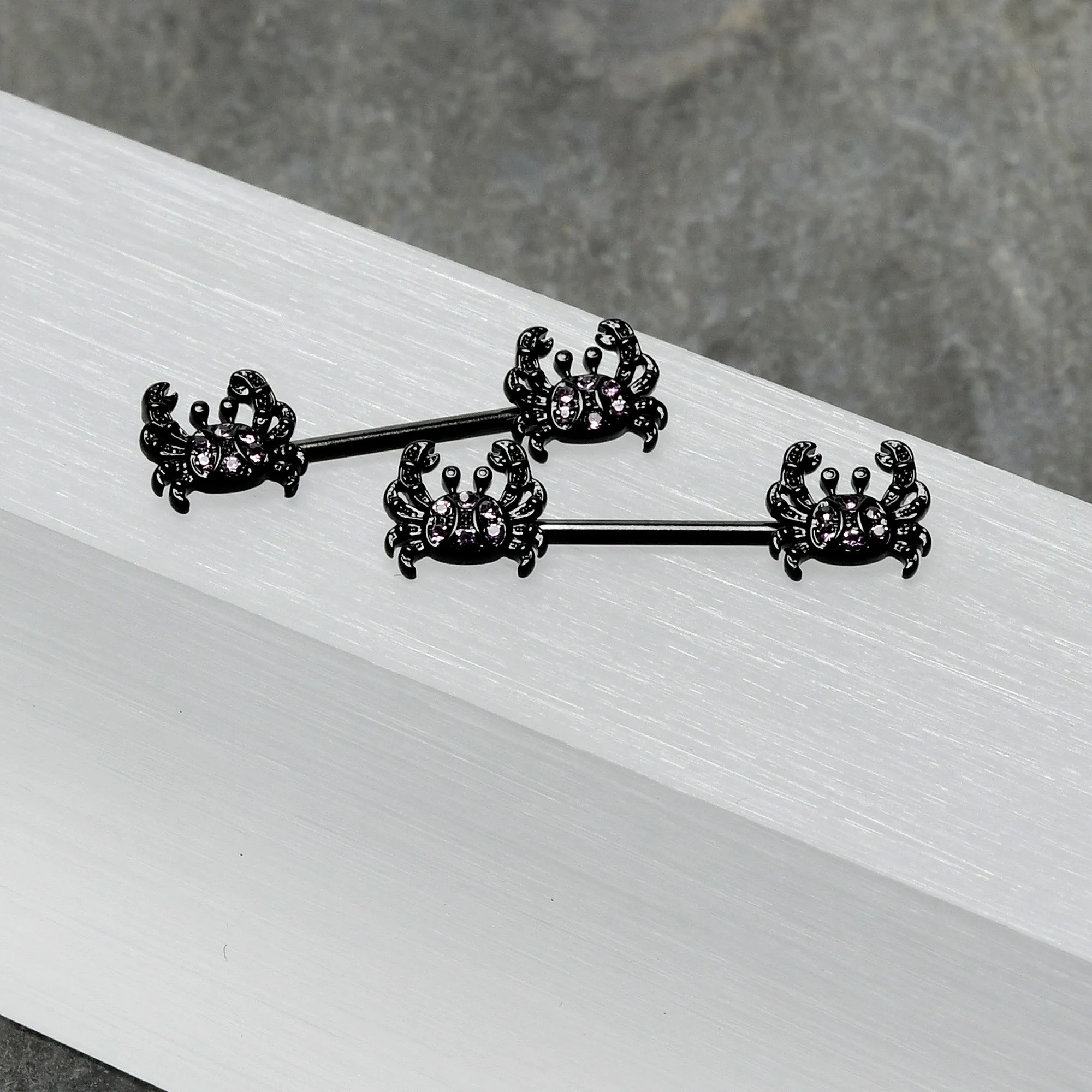 14 Gauge 9/16 Purple Gem Black Chic Crab Barbell Nipple Ring Set