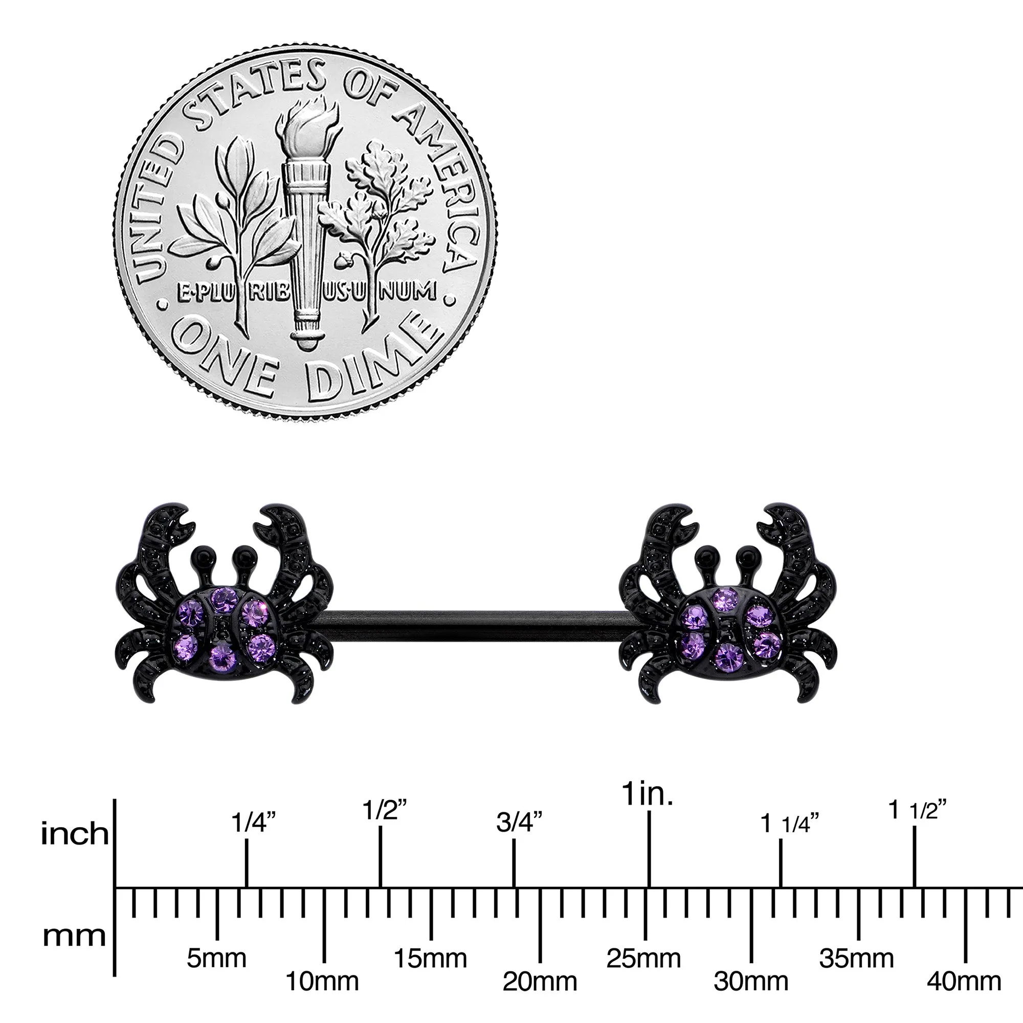 14 Gauge 9/16 Purple Gem Black Chic Crab Barbell Nipple Ring Set