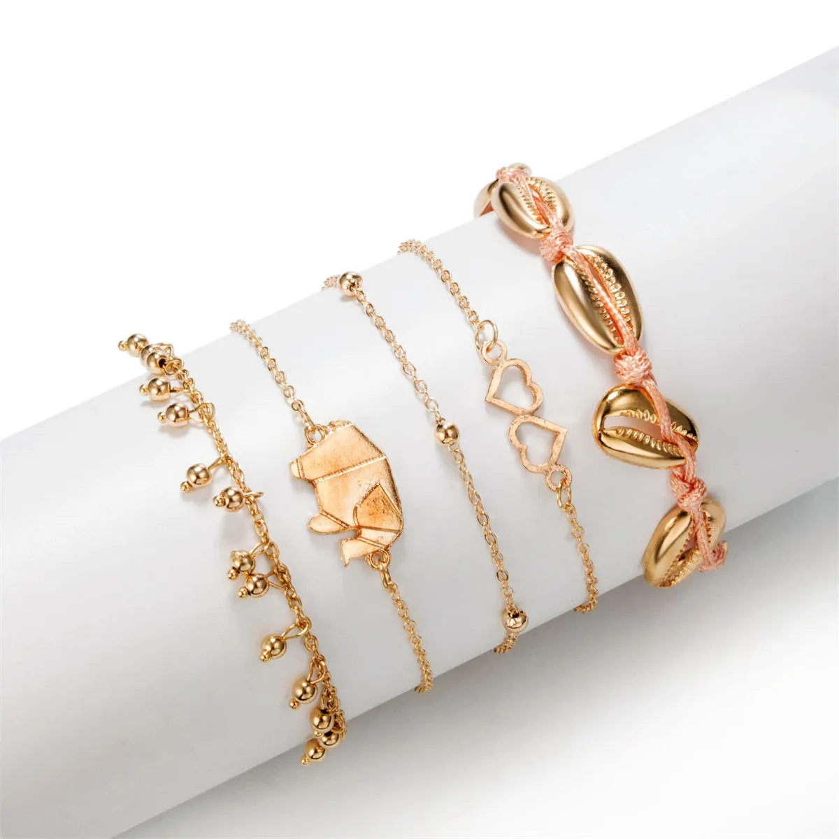 18K Gold-Plated Origami Elephant Charm Anklet Set