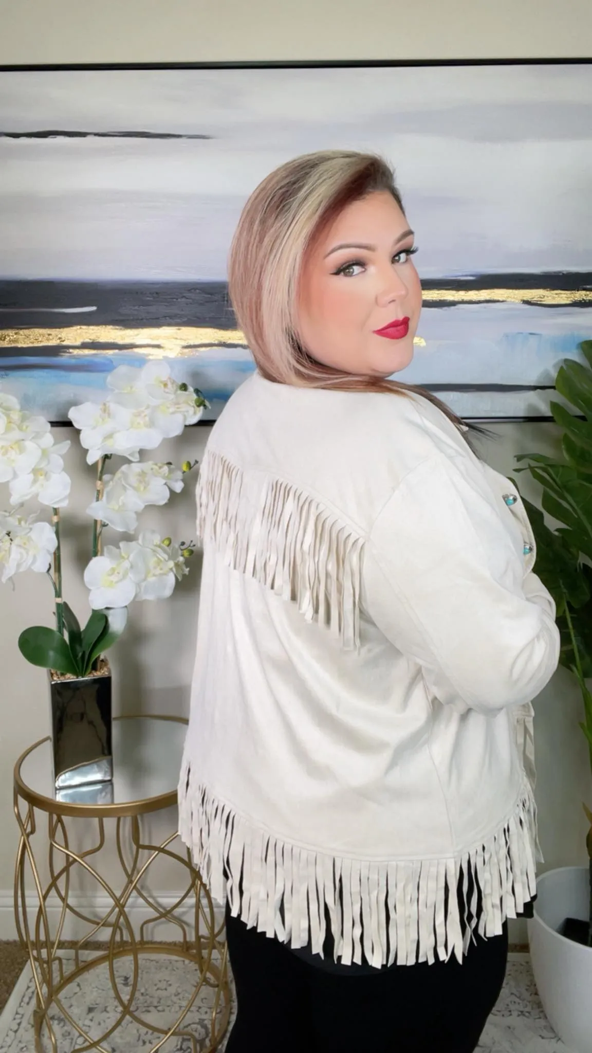 2X, 3X : Ivory suede fringe jacket turquoise buttons