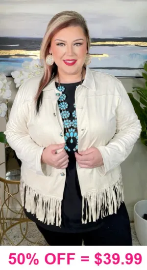 2X, 3X : Ivory suede fringe jacket turquoise buttons