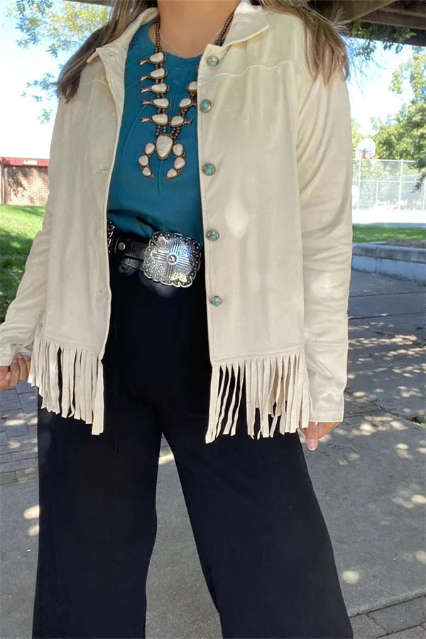 2X, 3X : Ivory suede fringe jacket turquoise buttons