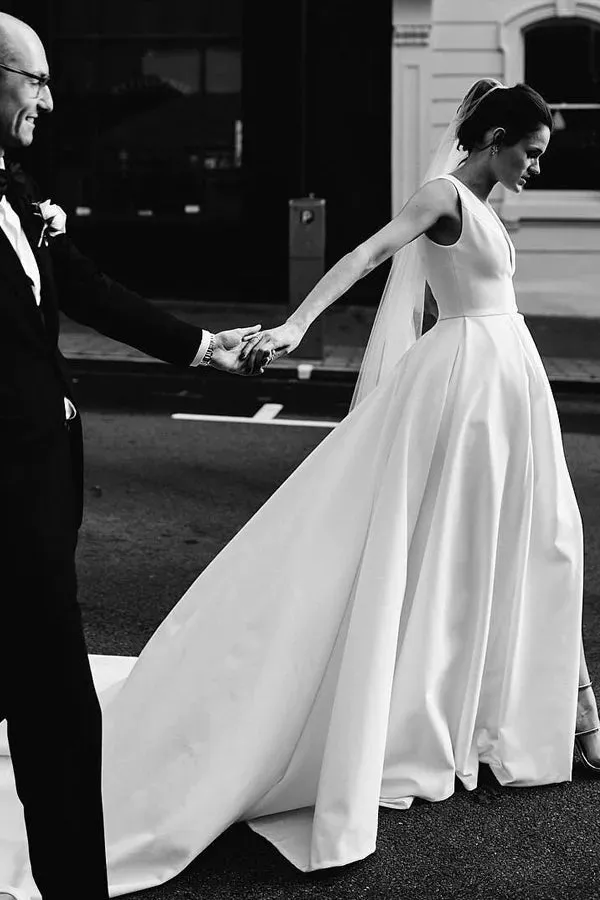 A Line Deep V Neck Open Back White Long Wedding Dresses Bridal Gown TN359