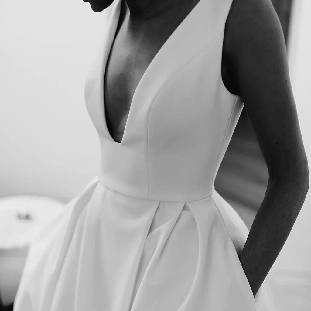 A Line Deep V Neck Open Back White Long Wedding Dresses Bridal Gown TN359