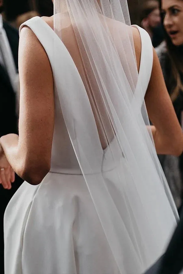 A Line Deep V Neck Open Back White Long Wedding Dresses Bridal Gown TN359