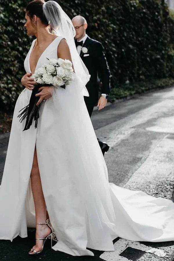A Line Deep V Neck Open Back White Long Wedding Dresses Bridal Gown TN359