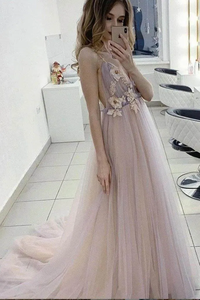 A-Line V-Neck 3D Flower Elegant Tulle Long Prom Dress  TP0941