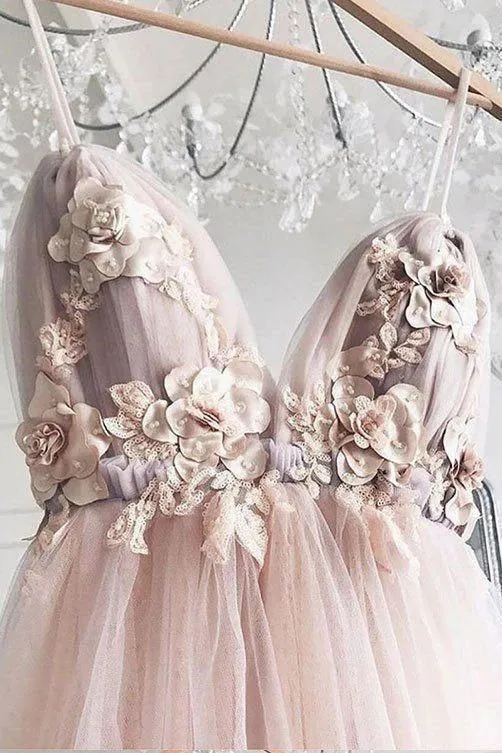 A-Line V-Neck 3D Flower Elegant Tulle Long Prom Dress  TP0941