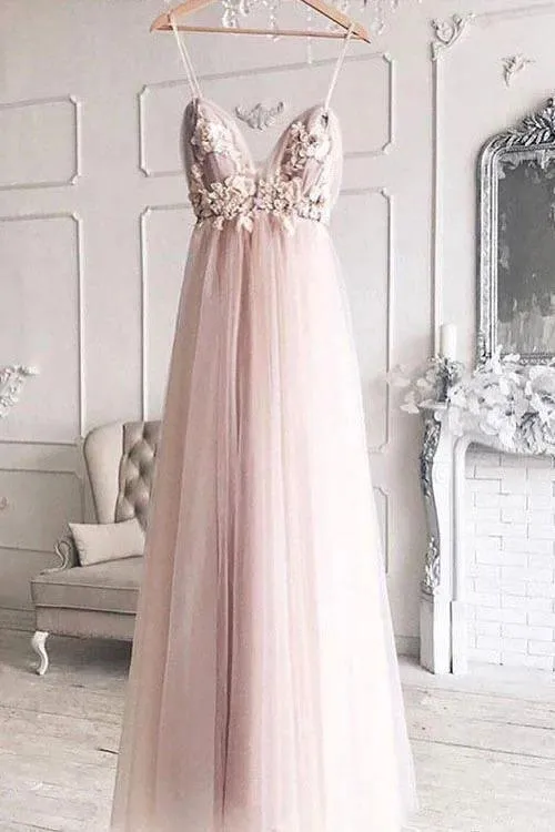 A-Line V-Neck 3D Flower Elegant Tulle Long Prom Dress  TP0941