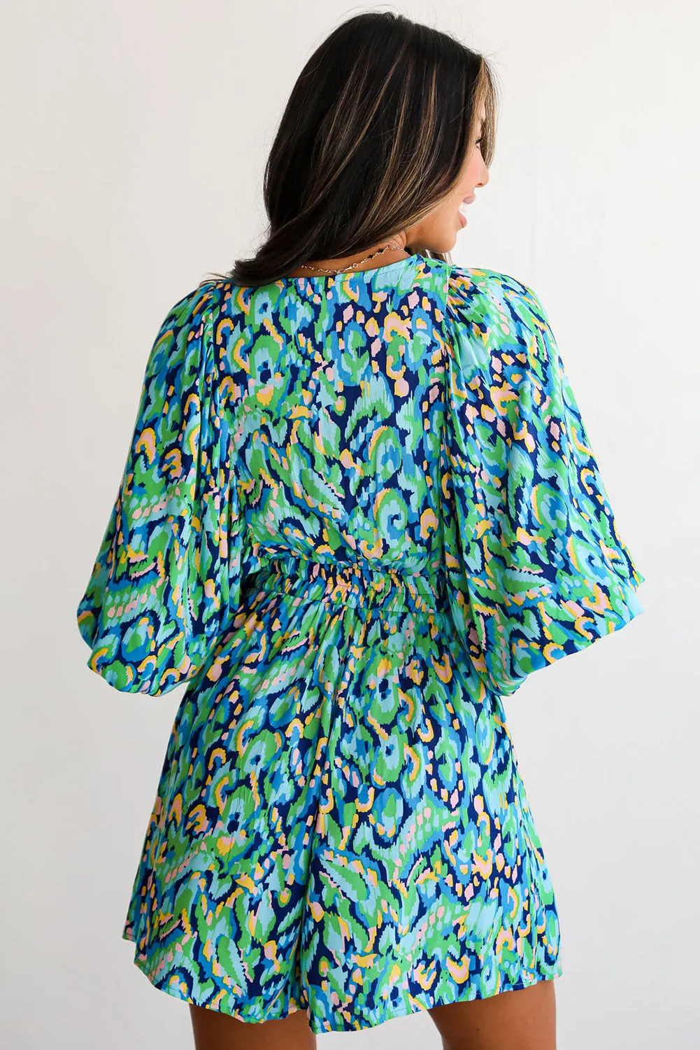 Abstract Print Batwing Sleeve V Neck High Waist Romper