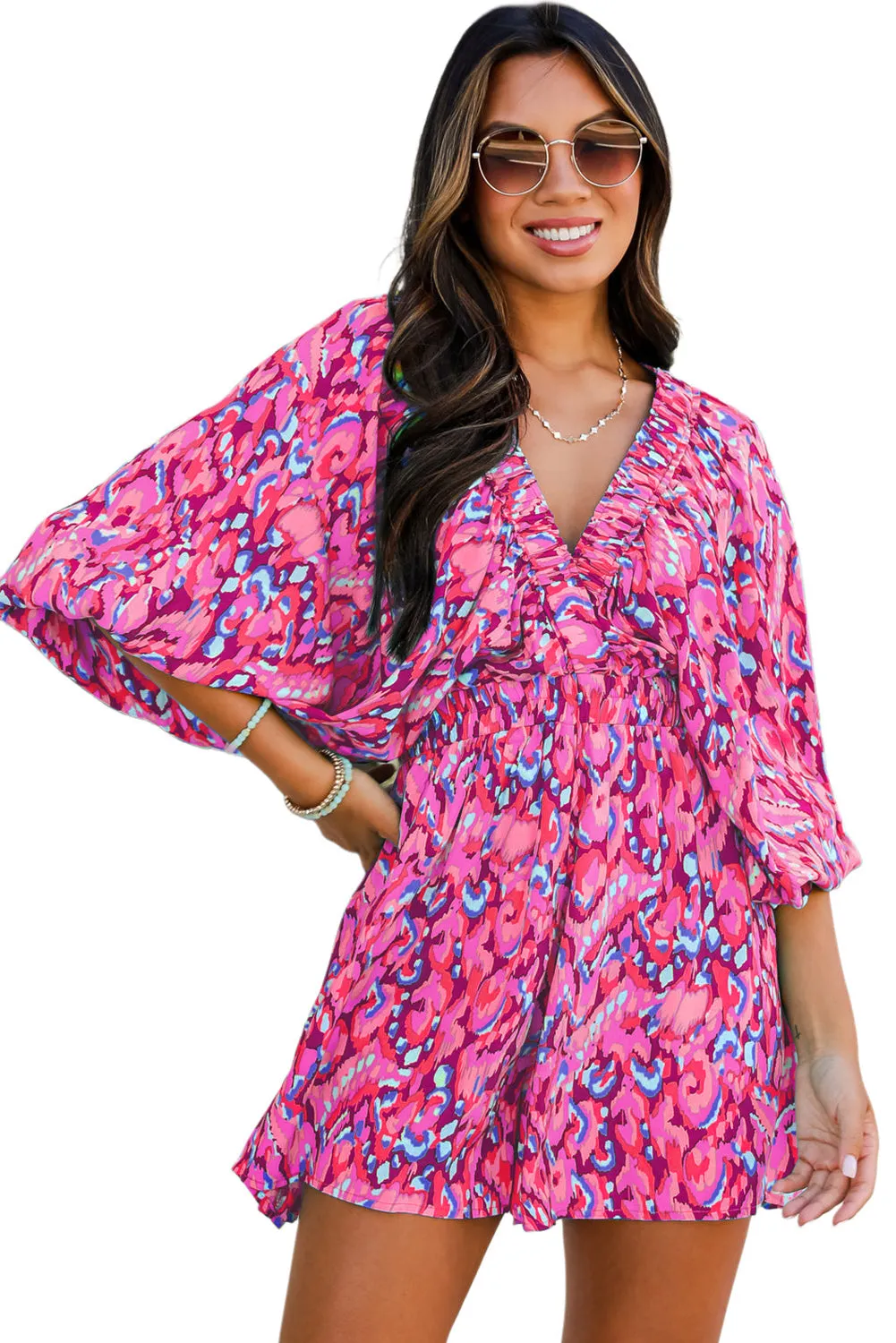 Abstract Print Batwing Sleeve V Neck High Waist Romper