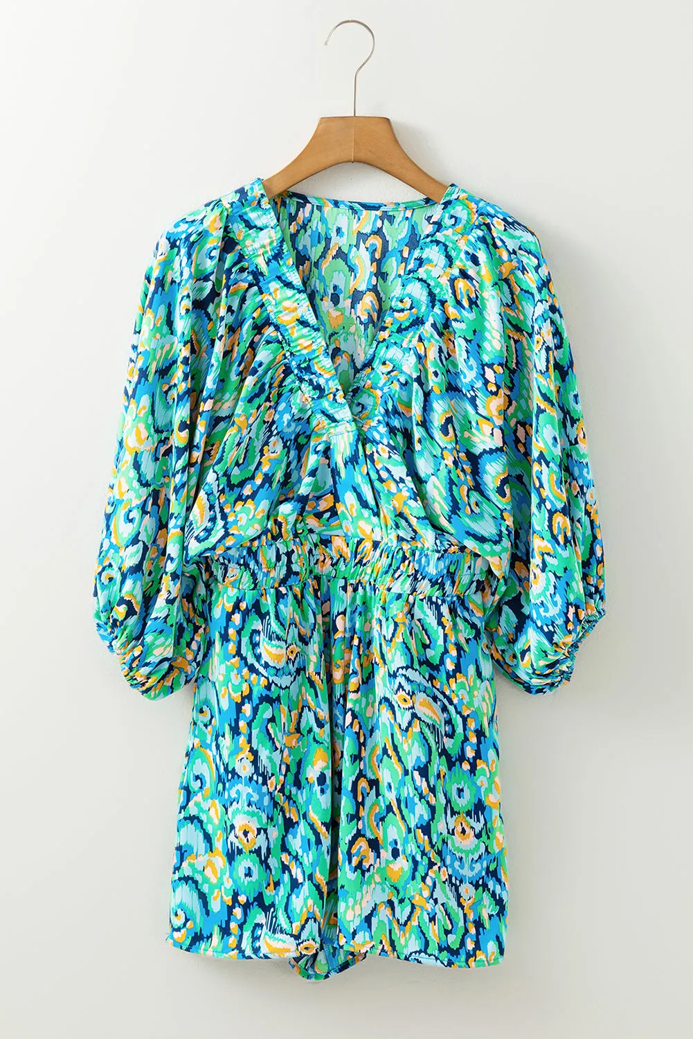 Abstract Print Batwing Sleeve V Neck High Waist Romper