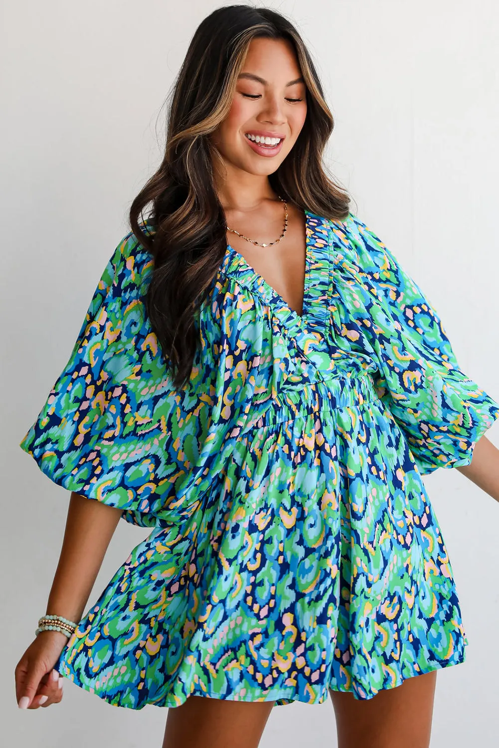 Abstract Print Batwing Sleeve V Neck High Waist Romper