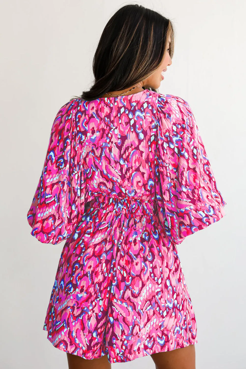 Abstract Print Batwing Sleeve V Neck High Waist Romper