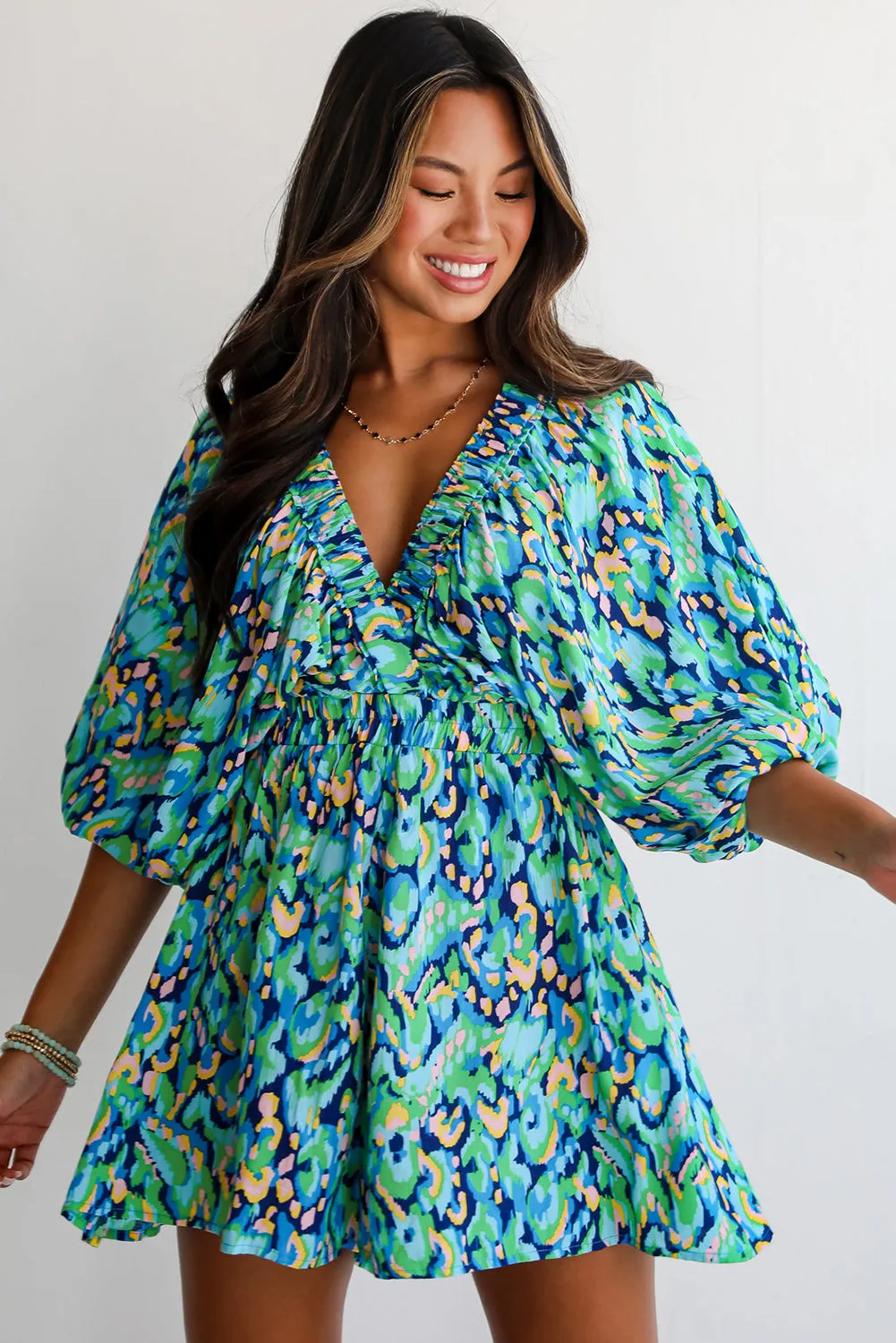 Abstract Print Batwing Sleeve V Neck High Waist Romper