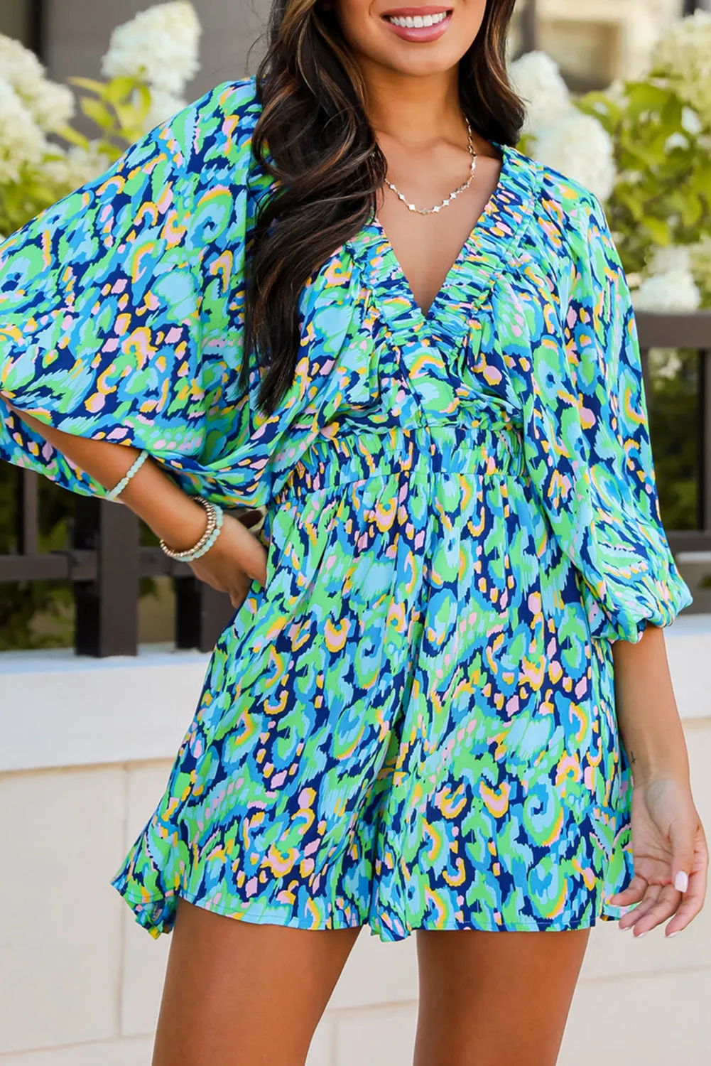 Abstract Print Batwing Sleeve V Neck High Waist Romper