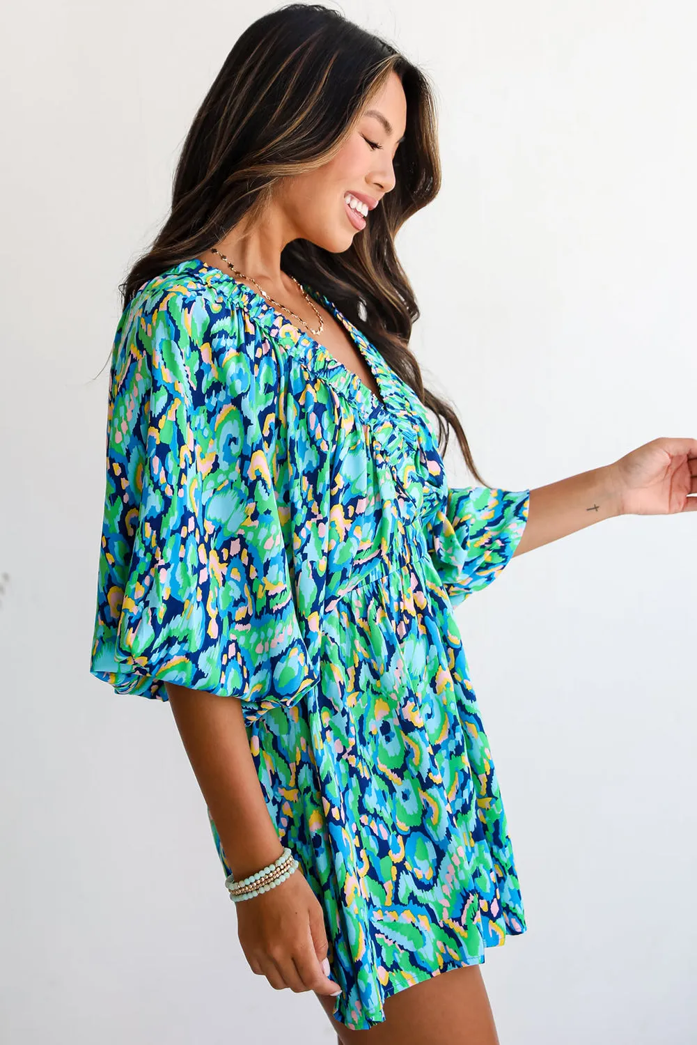 Abstract Print Batwing Sleeve V Neck High Waist Romper