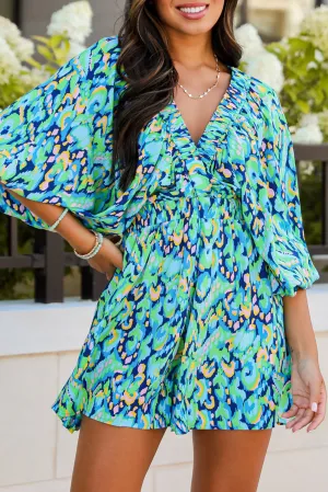 Abstract Print Batwing Sleeve V Neck High Waist Romper