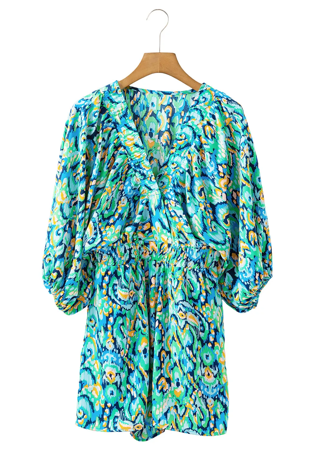 Abstract Print Batwing Sleeve V Neck High Waist Romper