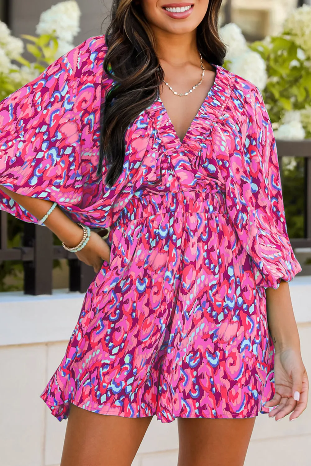 Abstract Print Batwing Sleeve V Neck High Waist Romper