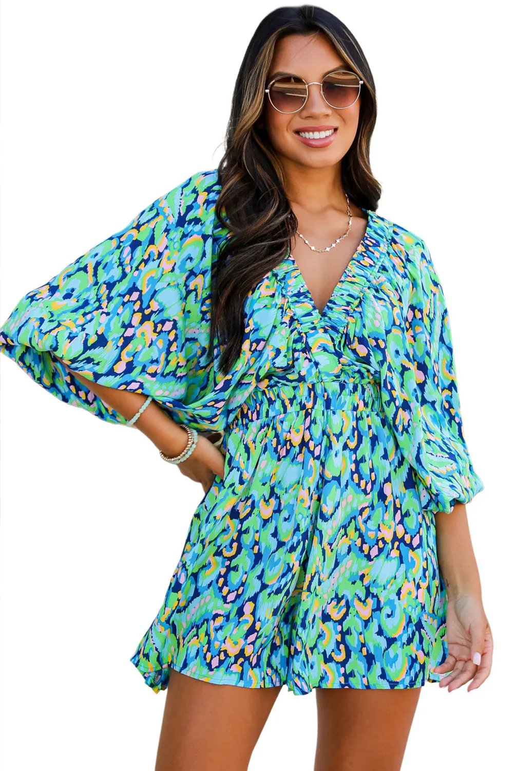 Abstract Print Batwing Sleeve V Neck High Waist Romper