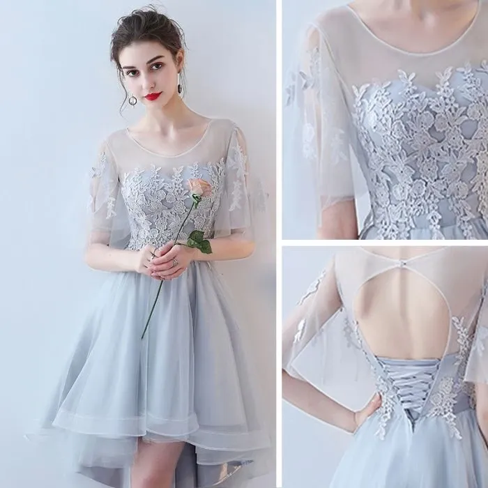 Anneprom Chic A-line Asymmetrical Scoop Tulle Applique Modest Prom Dress Bridesmaid Dress APB0111
