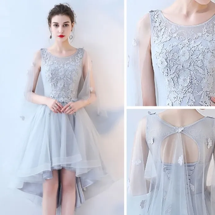 Anneprom Chic A-line Asymmetrical Scoop Tulle Applique Modest Prom Dress Bridesmaid Dress APB0111