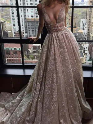 Anneprom Chic A-line Prom Dress,Silver Tulle V-Neck Rhinestone Evening Dress Party Dress APP0365