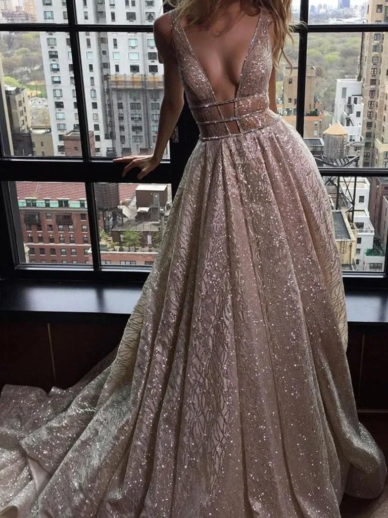 Anneprom Chic A-line Prom Dress,Silver Tulle V-Neck Rhinestone Evening Dress Party Dress APP0365