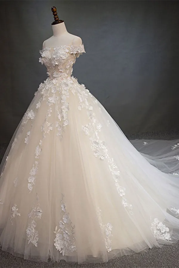 Anneprom Chic Ball Gown Off The Shoulder Applique Prom Dress Tulle Wedding Dress APW0389