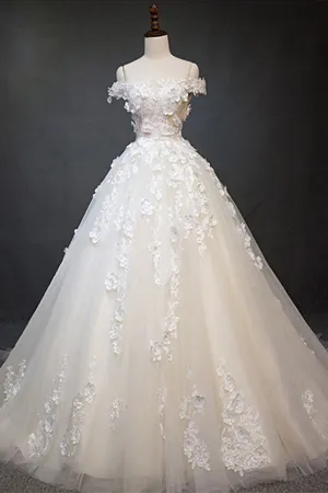 Anneprom Chic Ball Gown Off The Shoulder Applique Prom Dress Tulle Wedding Dress APW0389