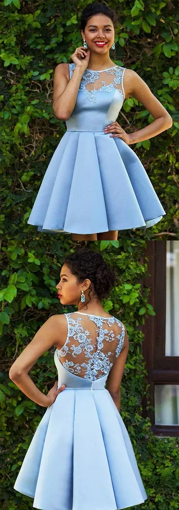 Anneprom Chic Sleeveless A Line Knee Length Satin Lace Applique Homecoming Dresses APH0129