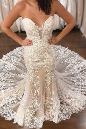 Anneprom Chic Trumpet/Mermaid Sweetehart Sleeveless Lace Wedding Dresses Sweep/Brush Train Wedding Dress APW0285