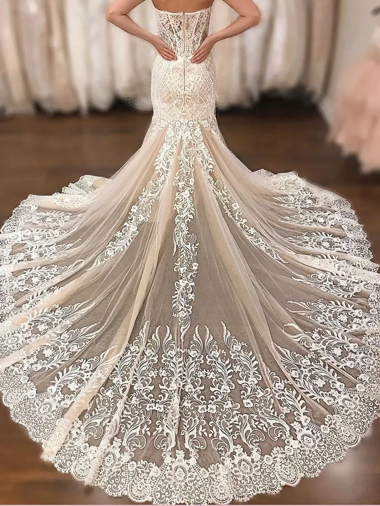 Anneprom Chic Trumpet/Mermaid Sweetehart Sleeveless Lace Wedding Dresses Sweep/Brush Train Wedding Dress APW0285