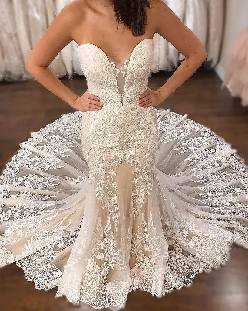Anneprom Chic Trumpet/Mermaid Sweetehart Sleeveless Lace Wedding Dresses Sweep/Brush Train Wedding Dress APW0285