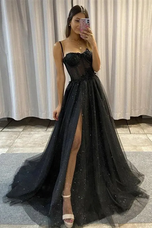 Black Tulle Sweetheart Long Prom Dress Black Evening Dress TP1134