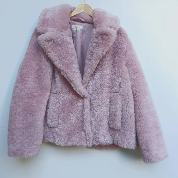 Boden Pink Sherpa Fleece Cropped Faux Fur Coat Size 16/18