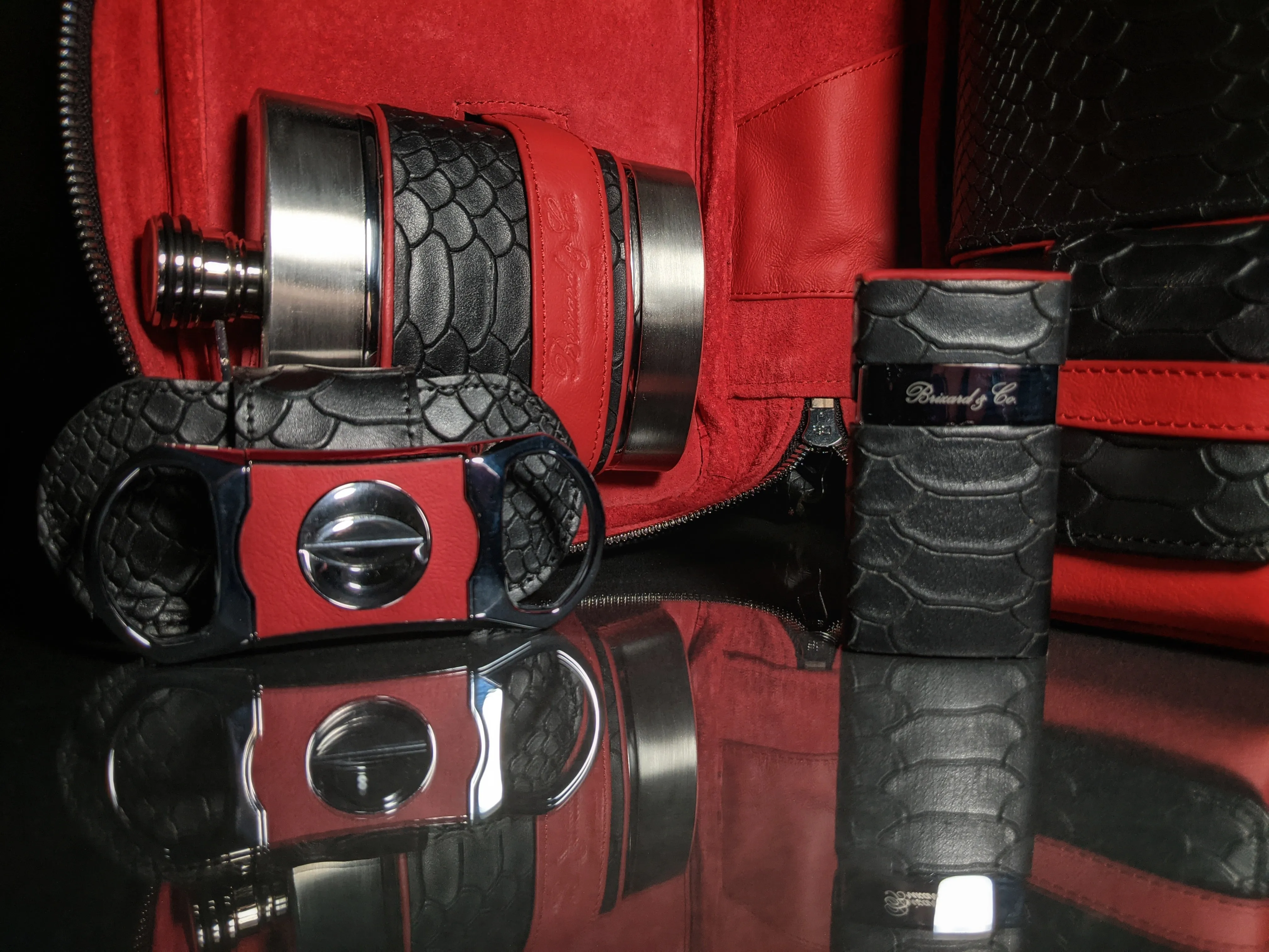 Brizard and Co Havana Traveler in Black Python Pattern and Red Leather Combo