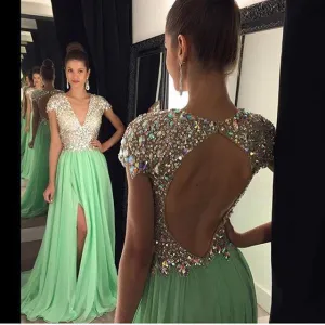 Cap Sleeve Prom Dresses,Green Prom Dress,Evening Dress