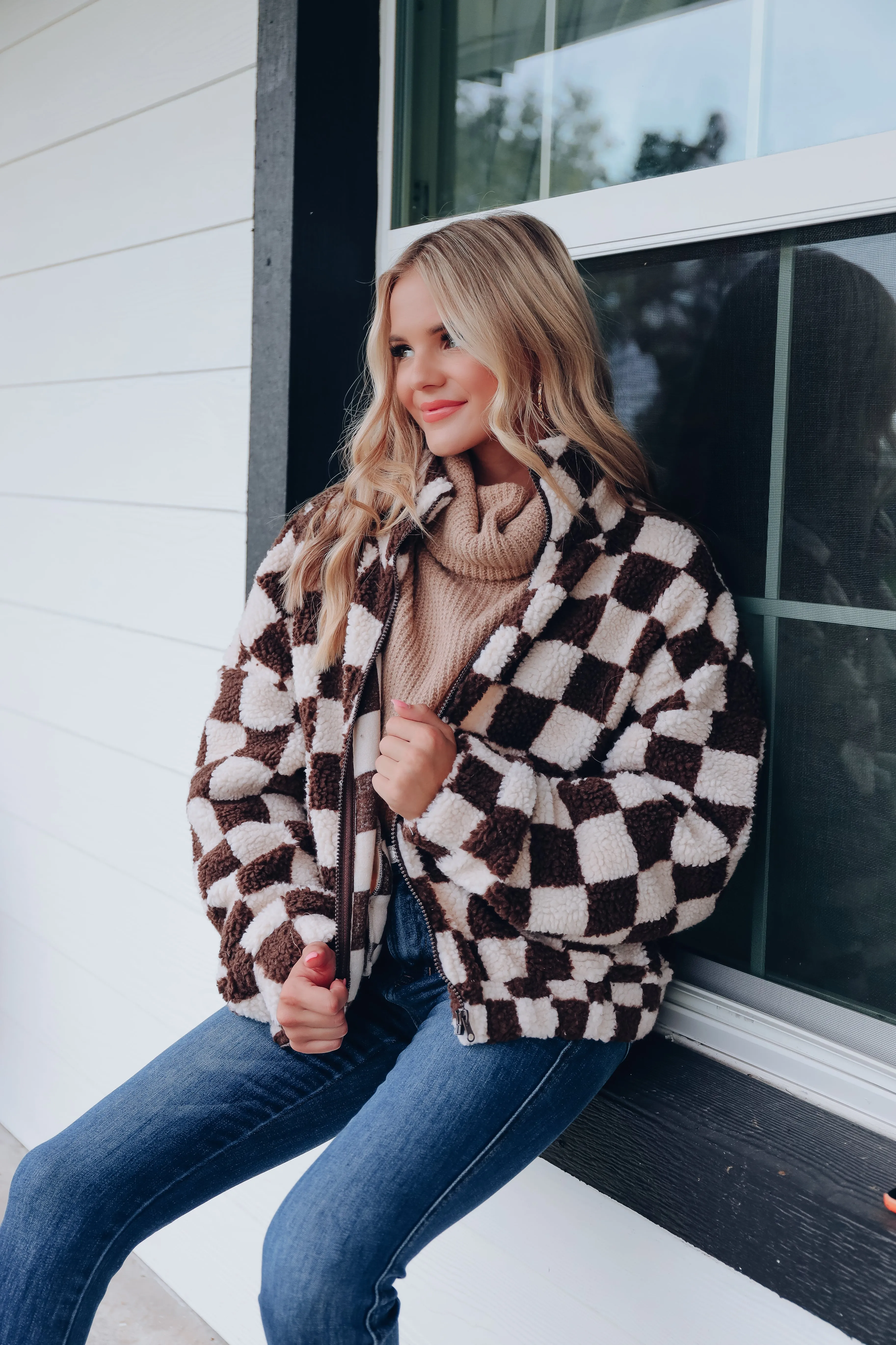 Checkered Print Sherpa Jacket - Brown/Beige