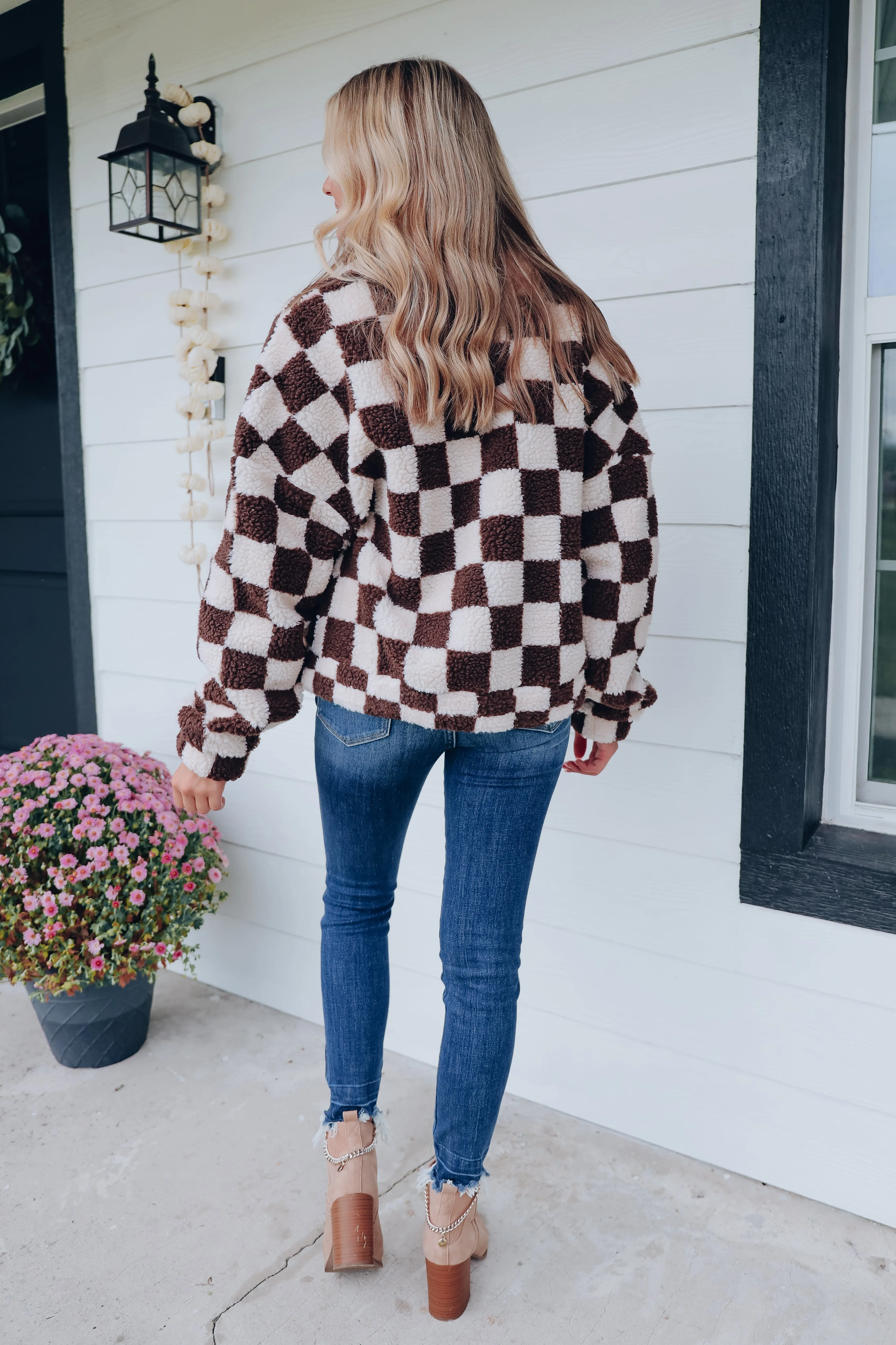 Checkered Print Sherpa Jacket - Brown/Beige