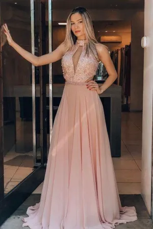 Chic A-line Chiffon High Neck Long Prom Dress Evening Party Dress OK1327