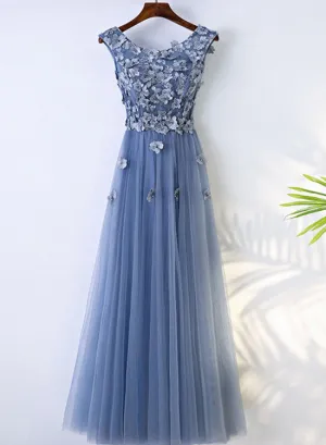 Chic Blue Tulle Scoop Neckline Full-length Bridesmaid Dress, Blue Lace Applique Party Dress
