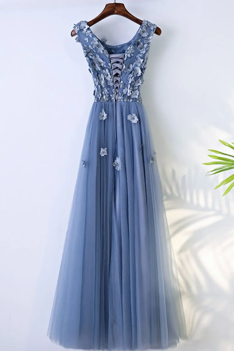 Chic Blue Tulle Scoop Neckline Full-length Bridesmaid Dress, Blue Lace Applique Party Dress