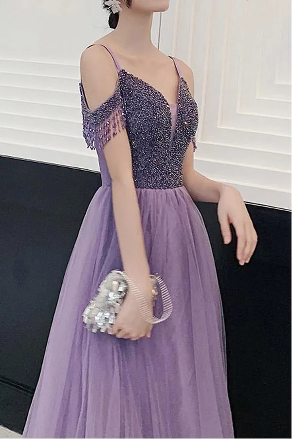 Chic Cold Shoulder Beading Lilac Tulle A Line Long Prom Party Dress OK1394