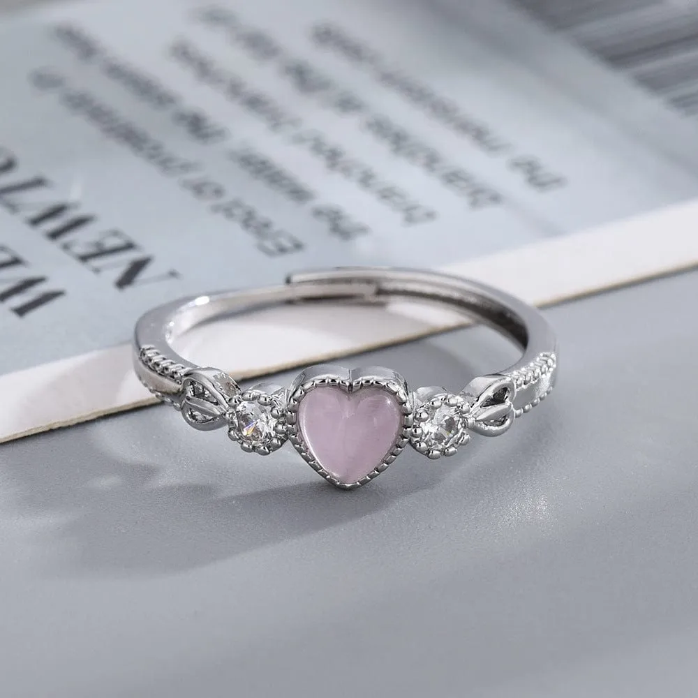 Chic CZ Inlaid Pink Opal Heart Ring