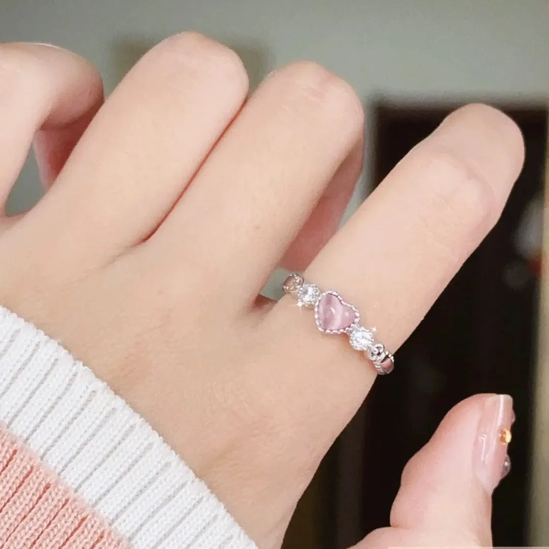Chic CZ Inlaid Pink Opal Heart Ring